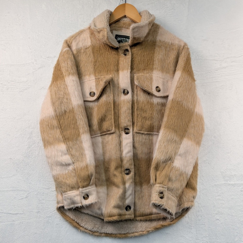 American Eagle Jacket Men's S Tan Plaid Sherpa Lined Furry Button Front Workwear